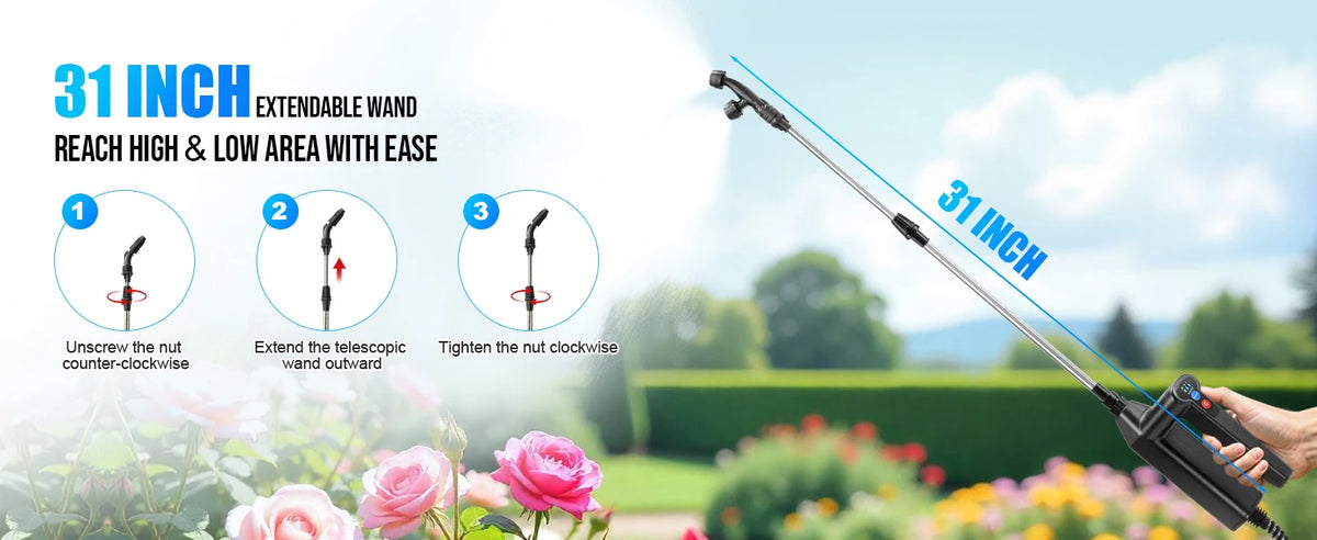 A hand is operating a 31 inch extendable wand electric battery sprayer for gardening.