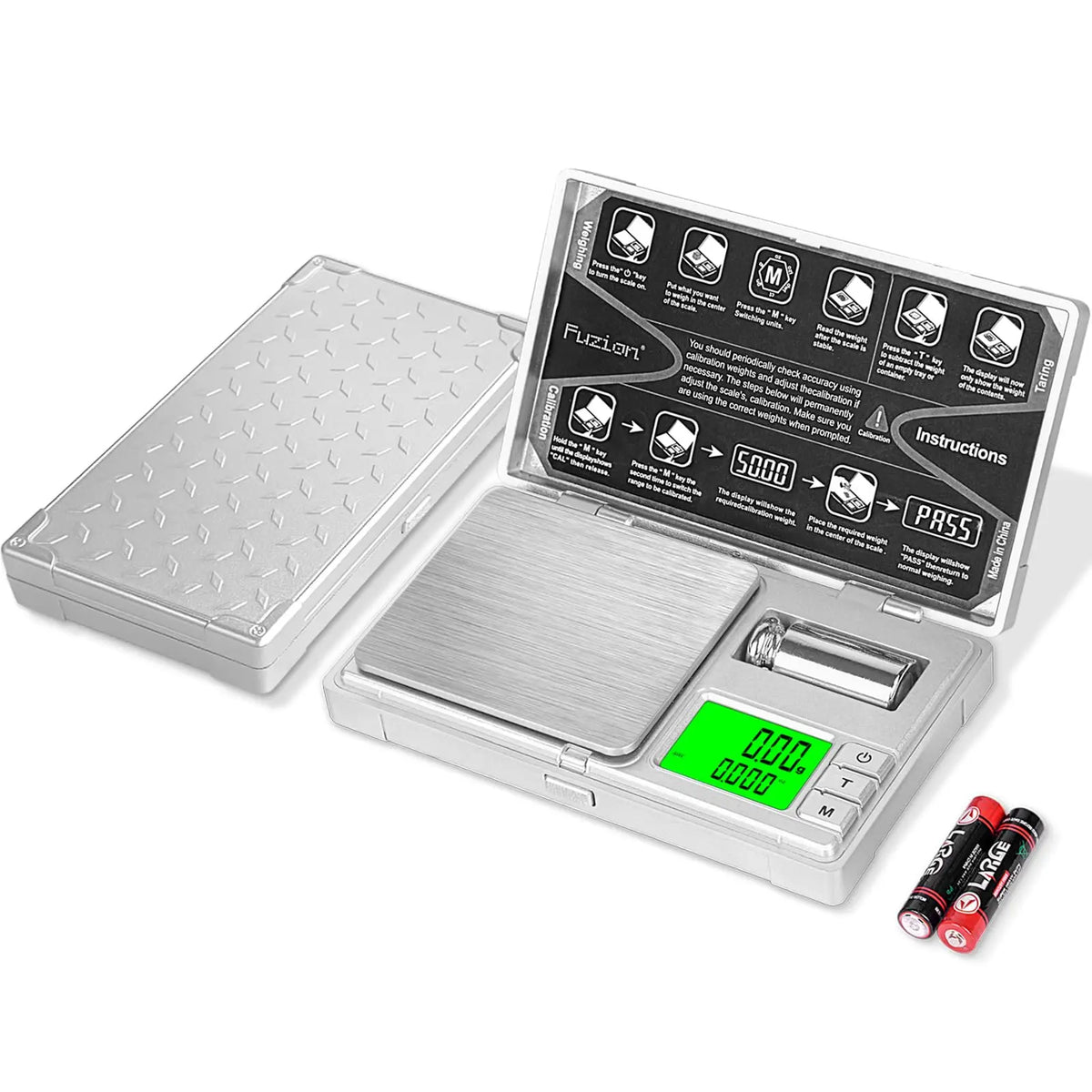 A silver precision digital scale with a lid showing instructions and a digital display.