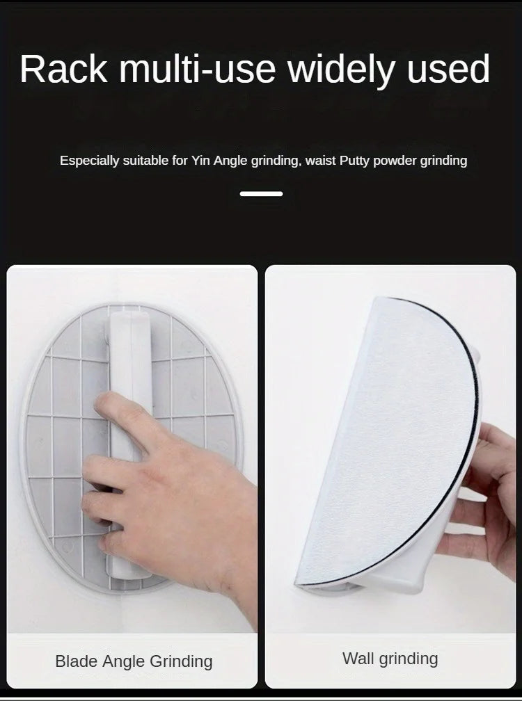 A hand is holding a gray sanding pad holder, demonstrating its use for blade angle grinding and wall grinding.