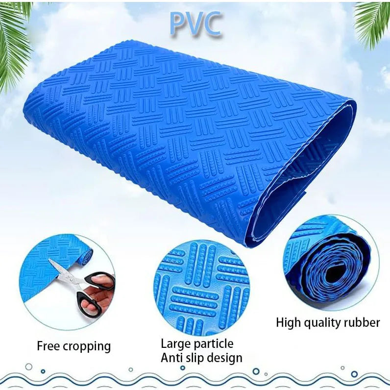 Blue PVC non-slip pool ladder mat showing its texture and folding capability