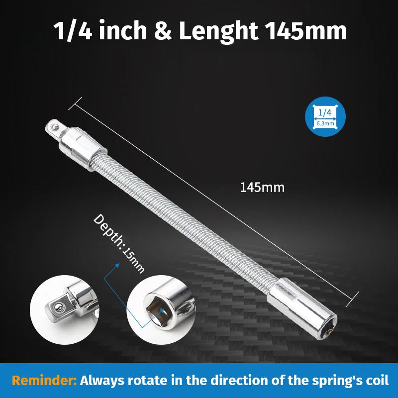 A silver 1/4 inch extension bar with a 145mm length and 15mm depth, shown in various views.