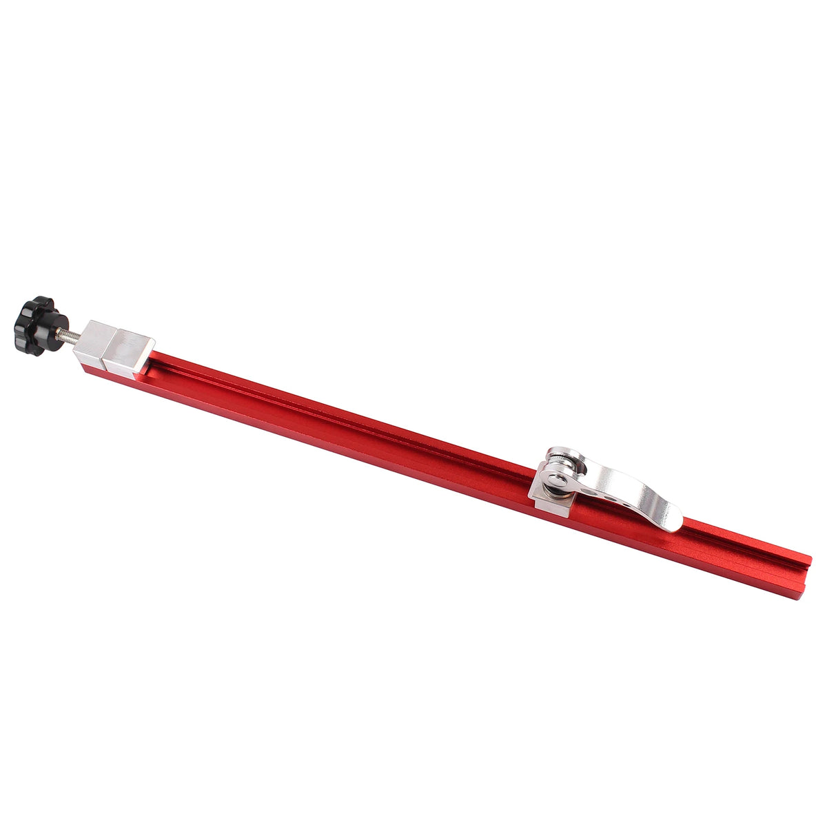 A red precision adjustable circular saw guide rail with a mounting bracket.