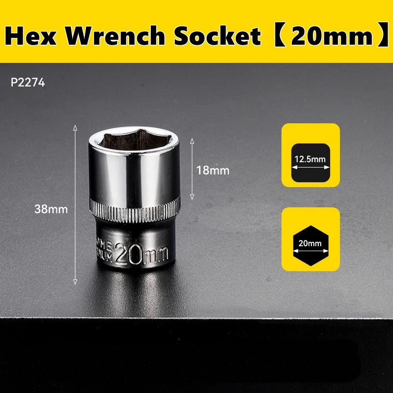 A silver hex wrench socket with a 20mm drive size and an 18mm length is shown on a dark surface.