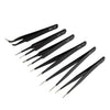 A set of black precision stainless steel tweezers with various tips labeled ESD-15 through ESD-10.