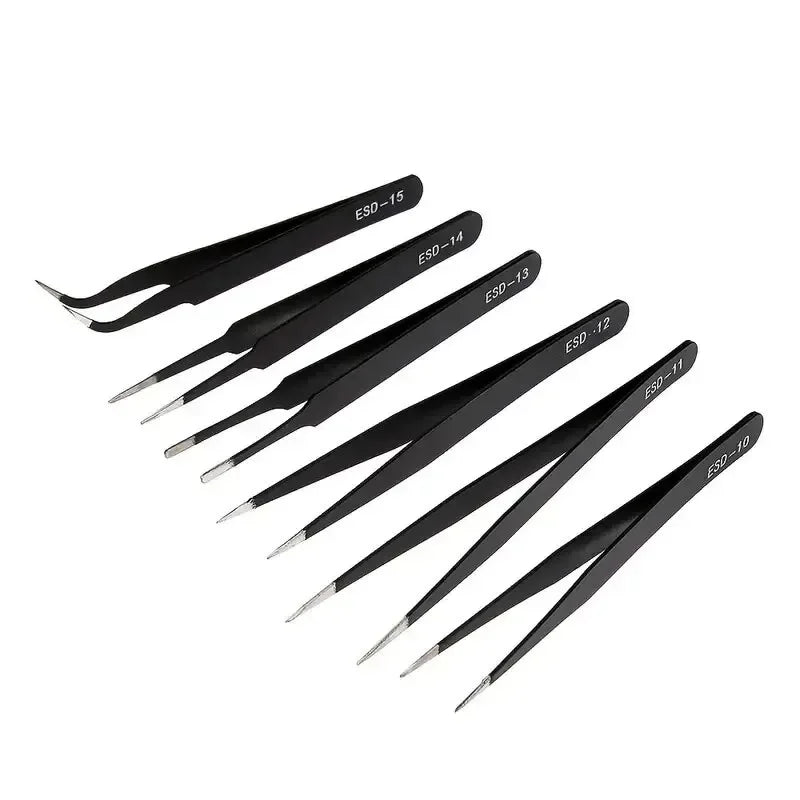 A set of black precision stainless steel tweezers with various tips labeled ESD-15 through ESD-10.