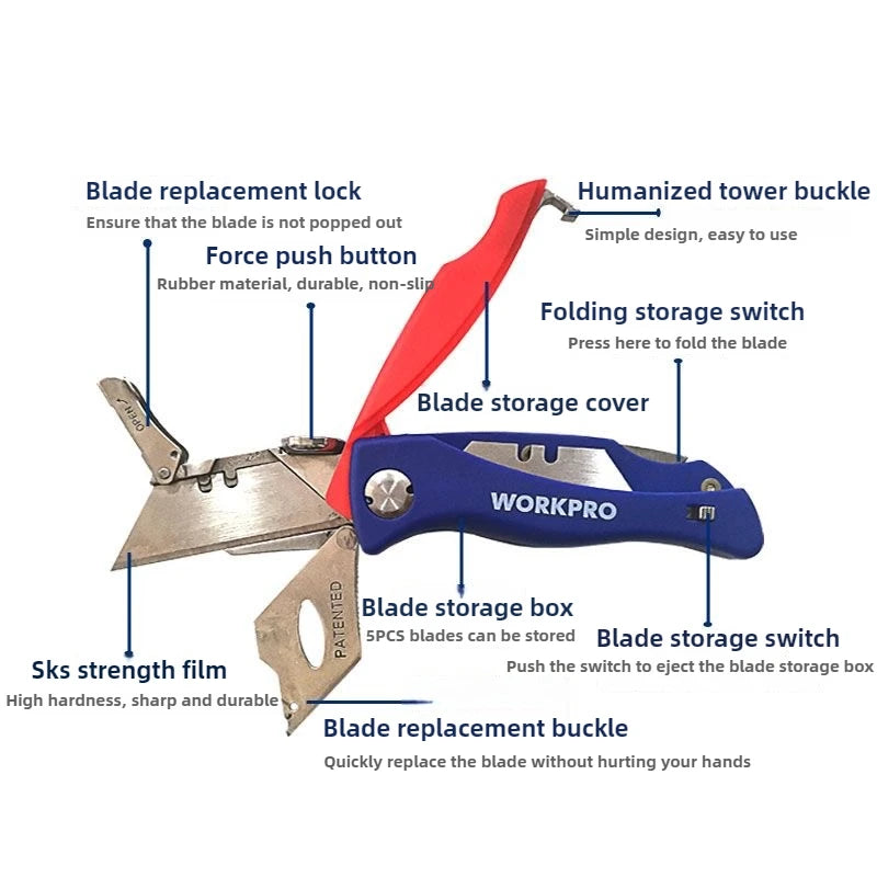 A multi-tool utility knife with a blade replacement lock, force push button, and folding storage switch.