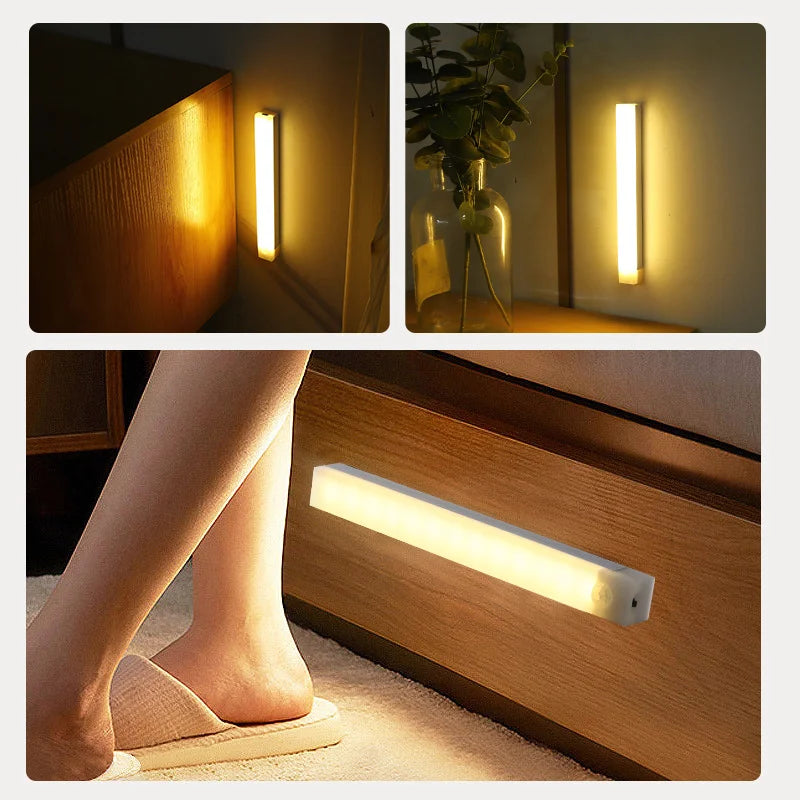 Portables USB-Lade-LED-Nachtleuchte beleuchtet eine Holzwand und eine Pflanze in einem modernen Innenraum.
