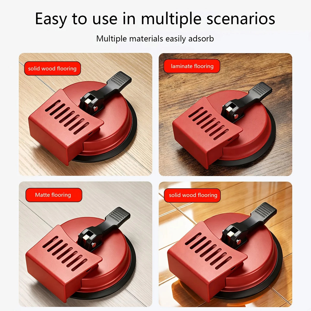 A red heavy duty floor gap repair tool is shown being used to seal gaps in various flooring materials like wood and laminate.