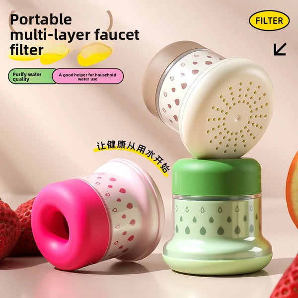 A portable multi-layer faucet filter sprayer in pink and green colors for purifying water quality.