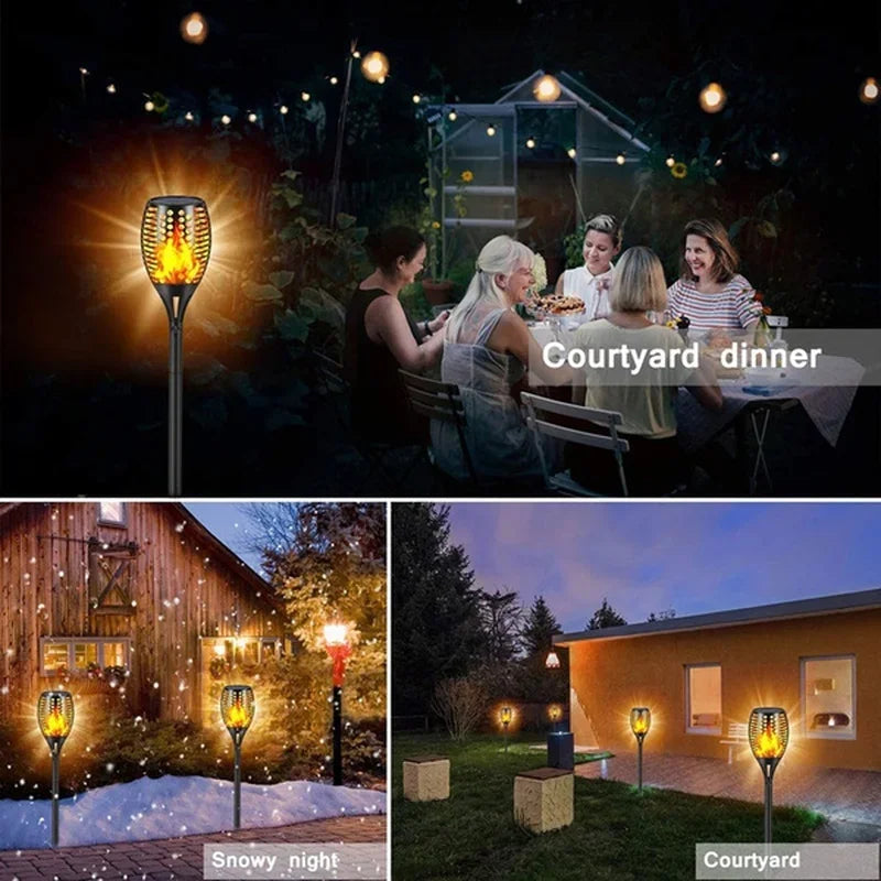 Outdoor scene showing a courtyard dinner setup with solar flame torch lights and a snowy night view.