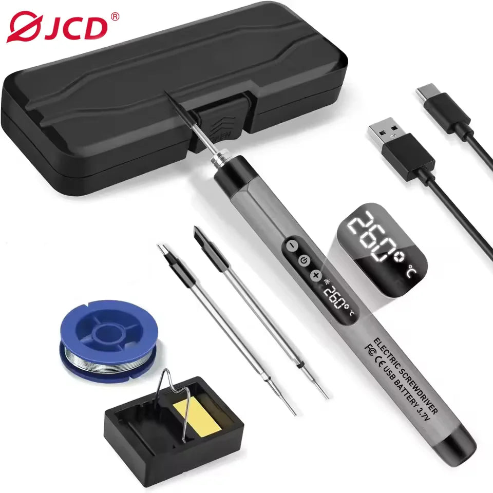 A black cordless digital soldering iron kit with a storage case, soldering iron tip, and battery.