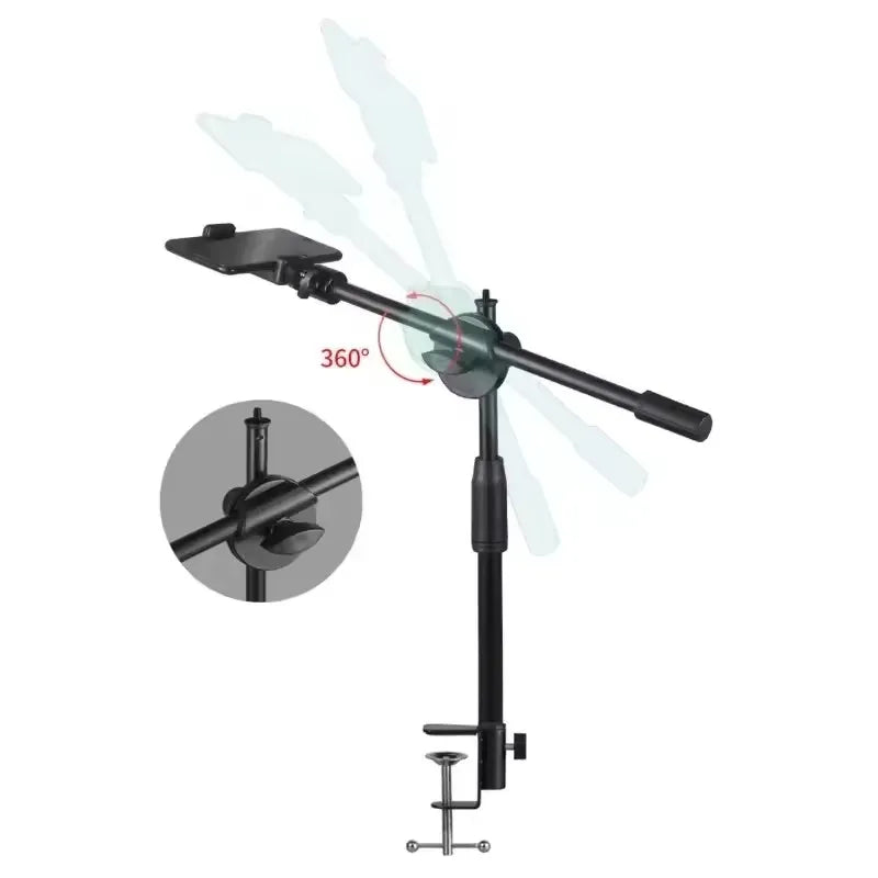 A black versatile overhead tripod with a boom arm and ring light setup.
