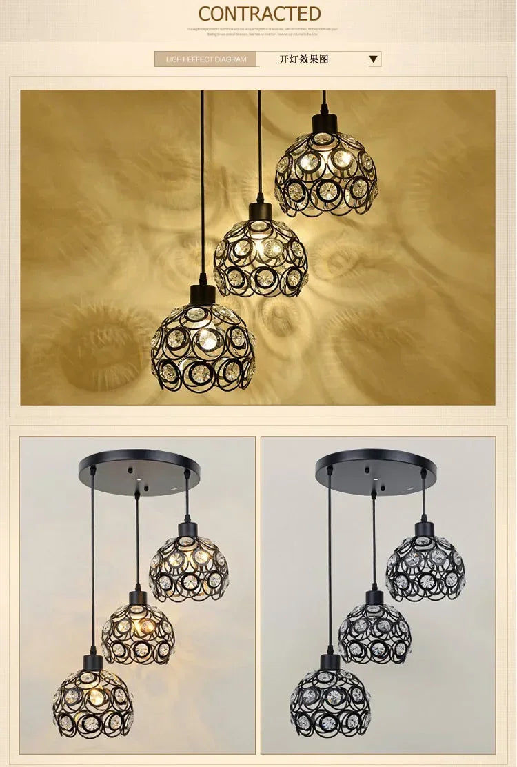 A set of crystal LED chandelier lamps hanging from the ceiling in a warm, golden light effect diagram.