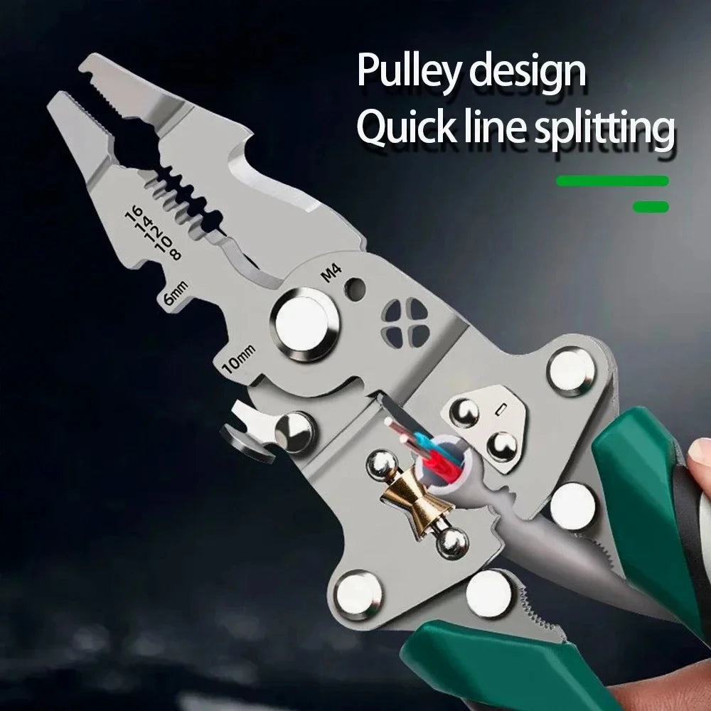 A close-up of a silver multifunctional foldable wire stripper pliers demonstrating quick line splitting design.