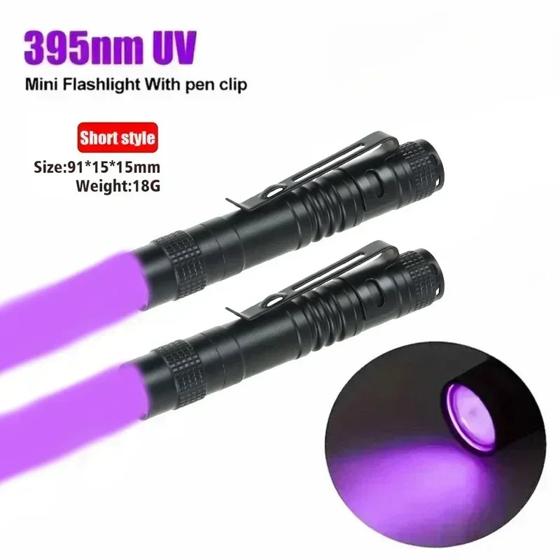 A black mini flashlight with a pen clip emitting a purple UV light beam.