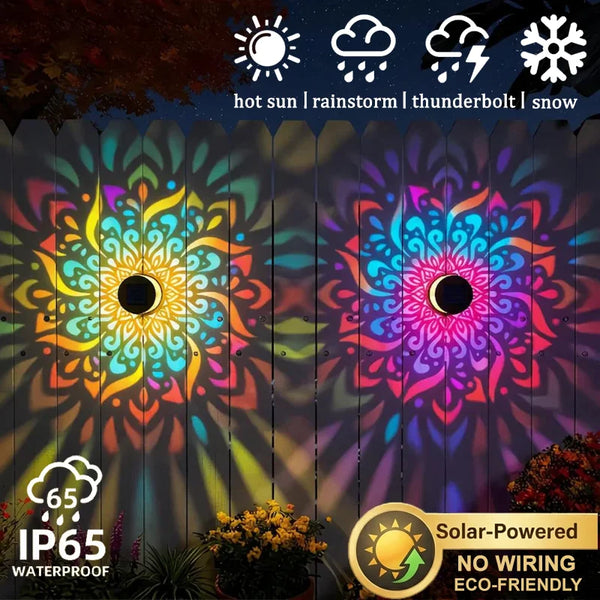 Solar-powered mandala outdoor wall light featuring various weather symbols and colorful light patterns.