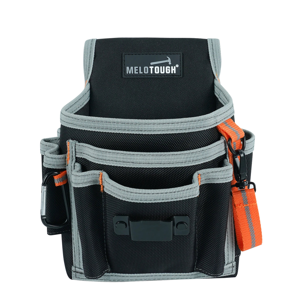 A black and gray tool organizer pouch with multiple pockets and an orange strap.