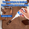 A hand applies super strong cyanoacrylate adhesive glue to repair broken wooden furniture.