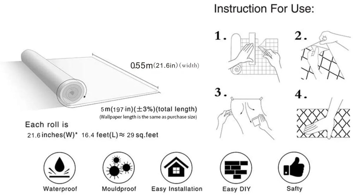 Instruction for use showing steps for applying glossy pink marble contact paper including waterproofing and safety tips
