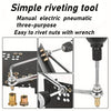 A manual electric pneumatic three-purpose riveting tool used to rivet nuts with a wrench.