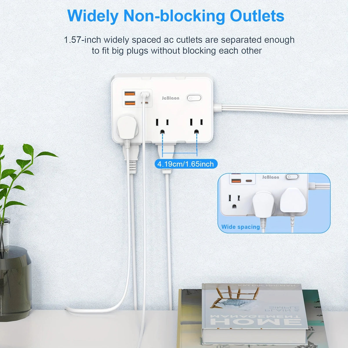 A white multi-port surge power strip with multiple outlets and a USB charging port is shown plugged into a wall socket.
