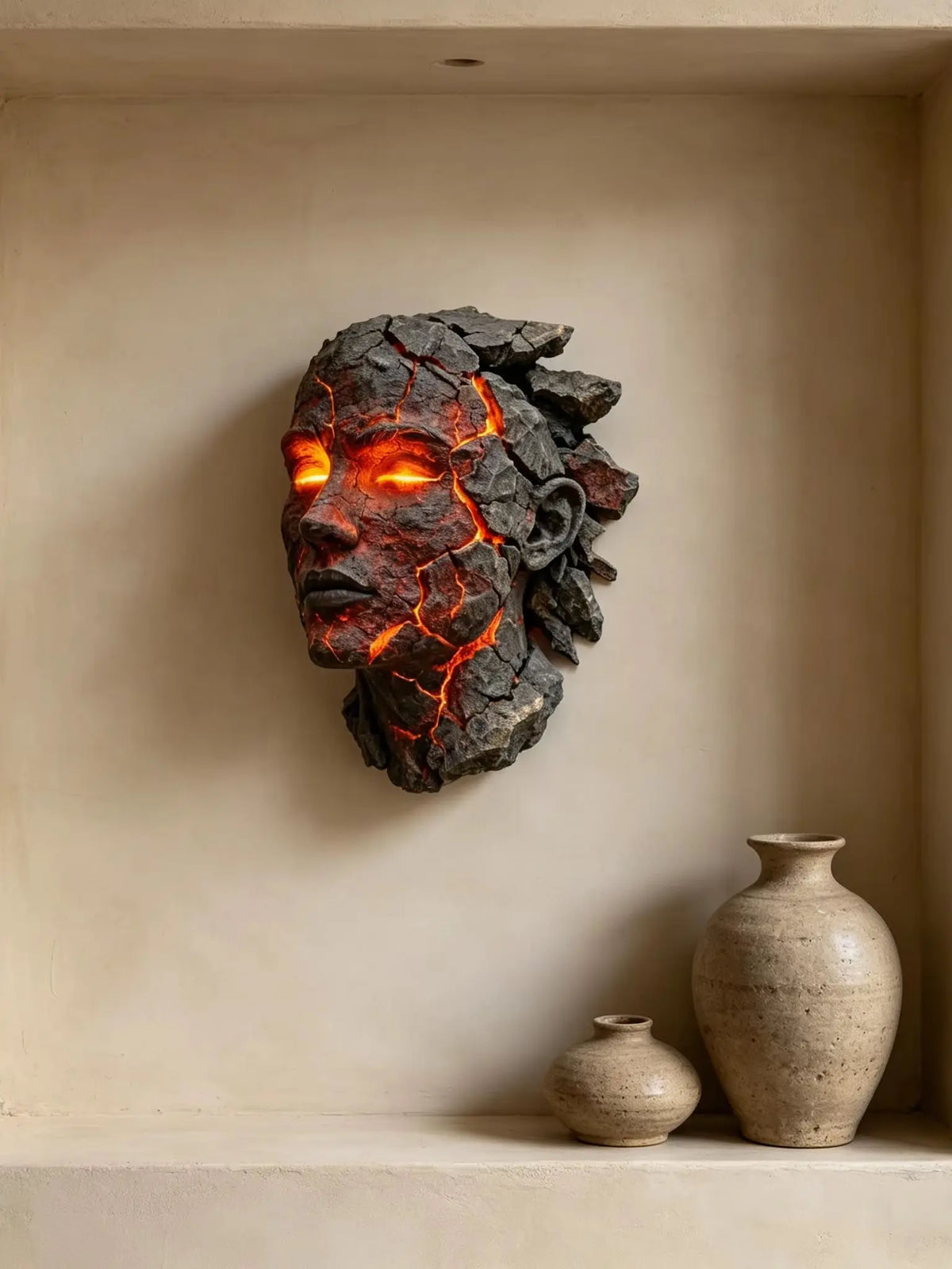 A dark, cracked resin sculpture of a face with glowing orange and yellow internal light mounted on a light-colored wall.