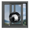 A close-up view of a gray aluminum window lock stopper installed in a modern window frame.