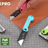 A set of three WorkPro folding utility knives with stainless steel blades shown on a brown paper background.