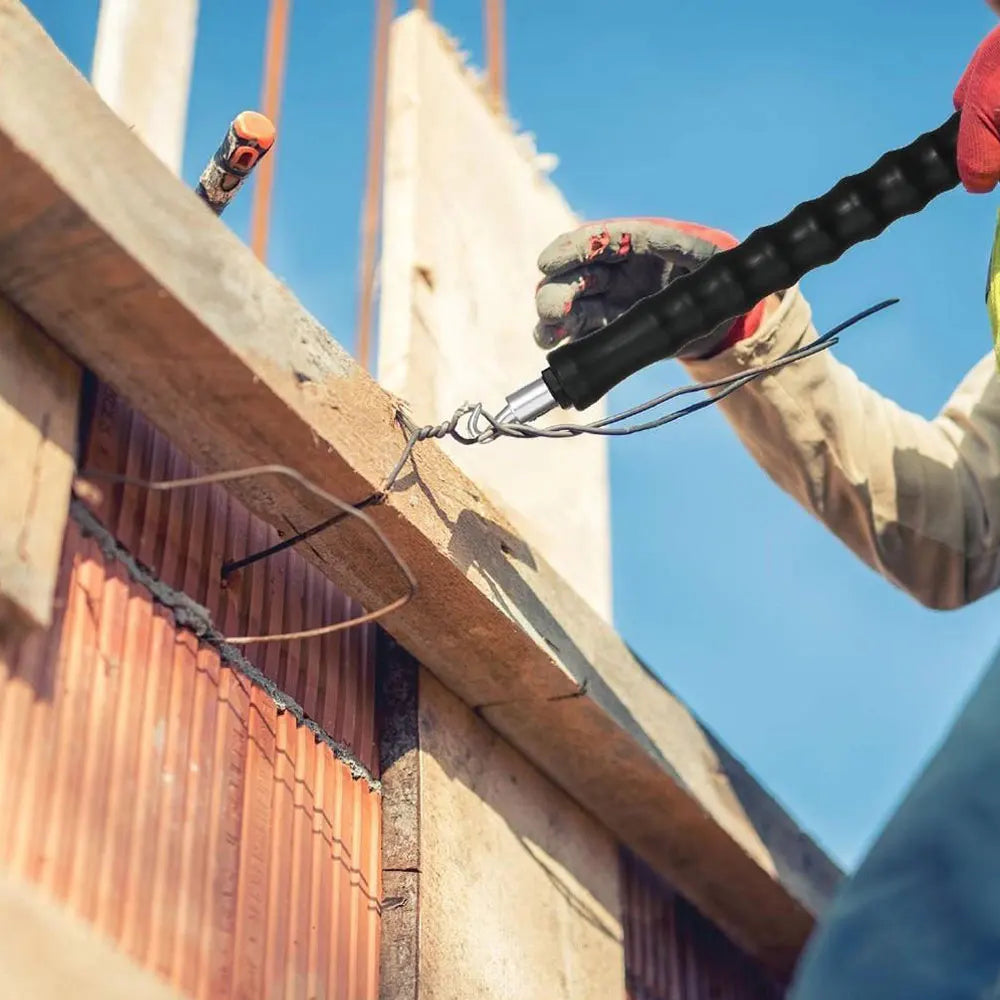 A hand using an automatic rebar tie wire twister tool to tie wires around a concrete beam.