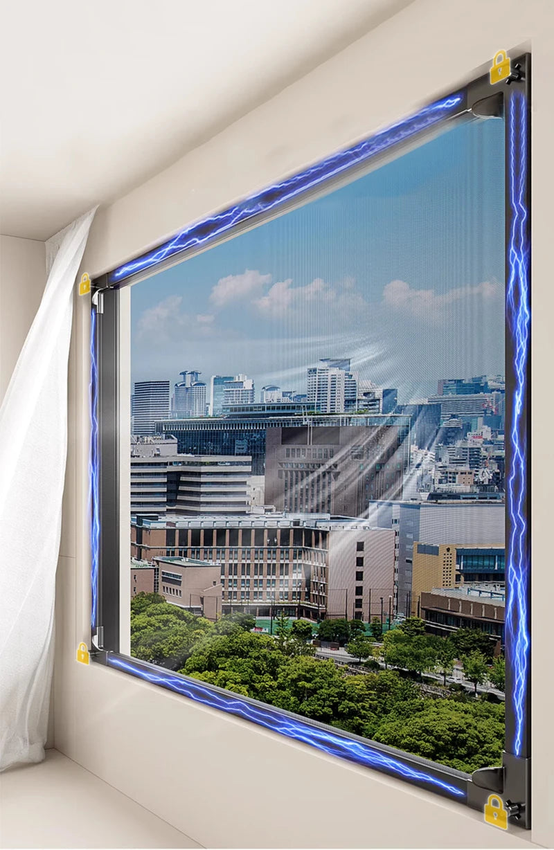 A modern window featuring a magnetic screen with blue electric lines, overlooking an urban landscape.