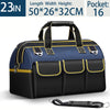 A dark blue and black heavy-duty tool storage bag with handles and multiple compartments is shown.