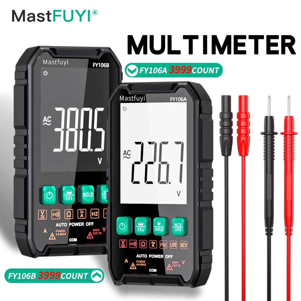 Black Mastfuyi FY106B multimeter and accessory probes for electrical testing