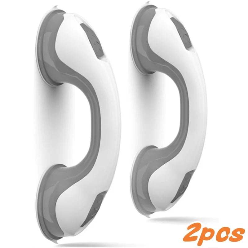 Two white vacuum suction cup shower grab bars shown against a white background.