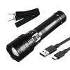 Black tactical LED flashlight with a zoom feature and an attached charging cable.