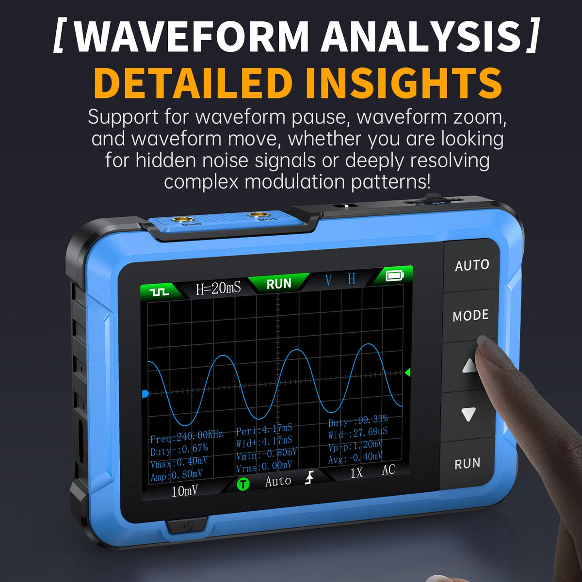 A blue digital oscilloscope displaying a waveform, with controls for run mode and various settings.