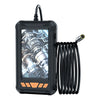 A black handheld industrial inspection camera with a flexible cable and a display screen.