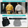 A set of adjustable tool belts shown being worn by two men, with close-ups of the black and gray belts.