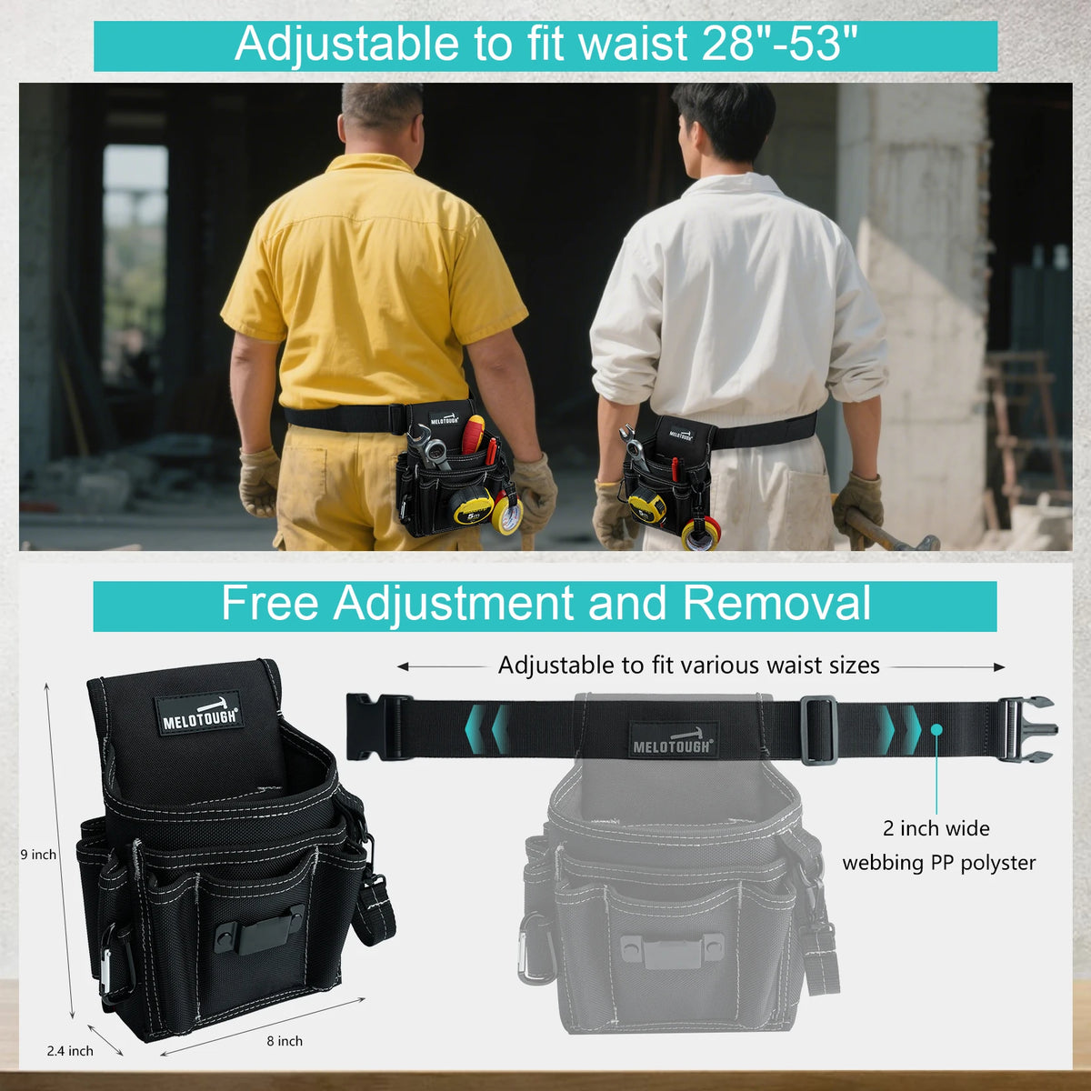 A set of adjustable tool belts shown being worn by two men, with close-ups of the black and gray belts.