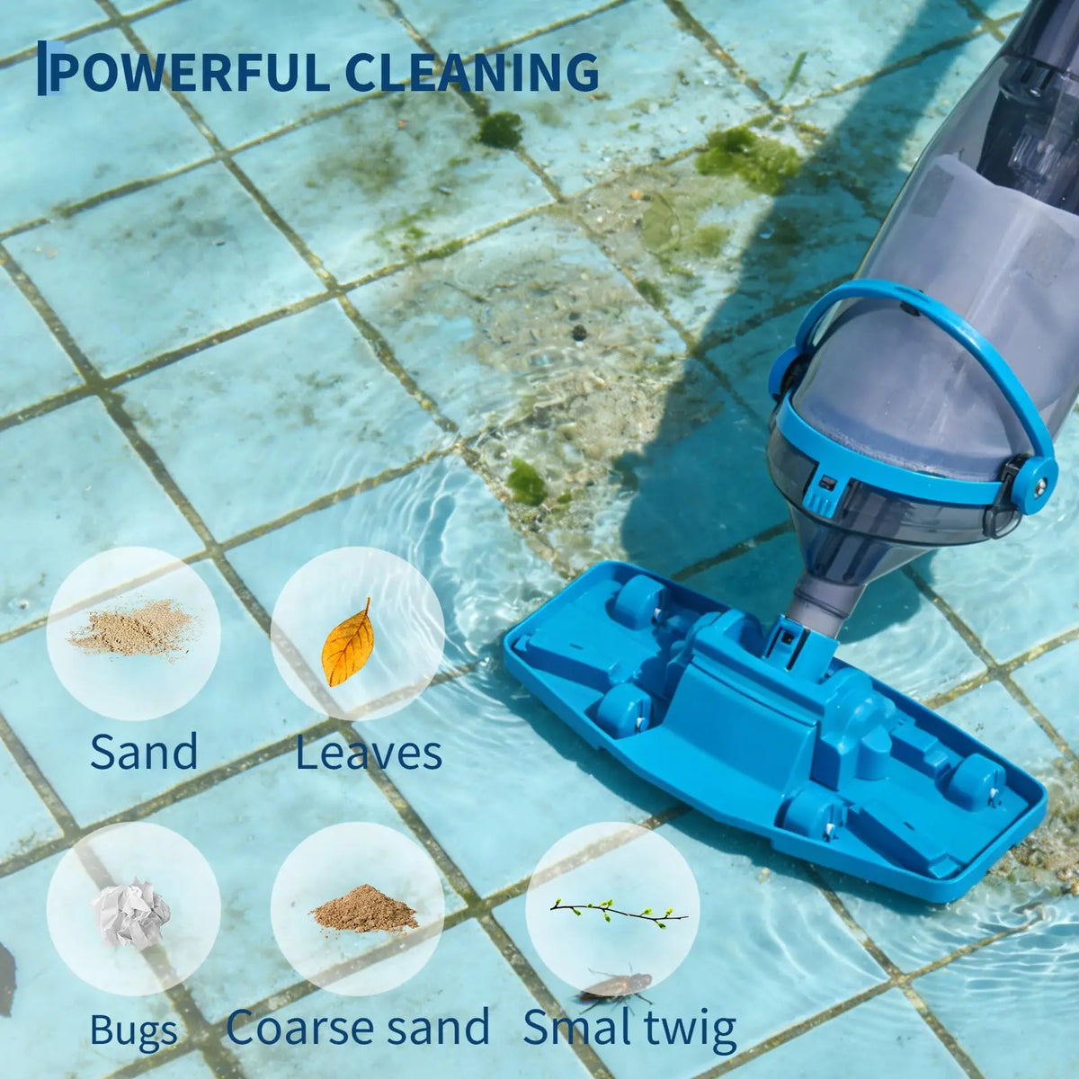 A blue cordless handheld vacuum cleaner is shown cleaning sand, leaves, bugs, coarse sand, and small twigs from a tiled surfa