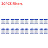 A collection of twenty small white filters for faucets.