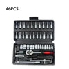 A set of 46 metric socket wrenches and tools in a black case.