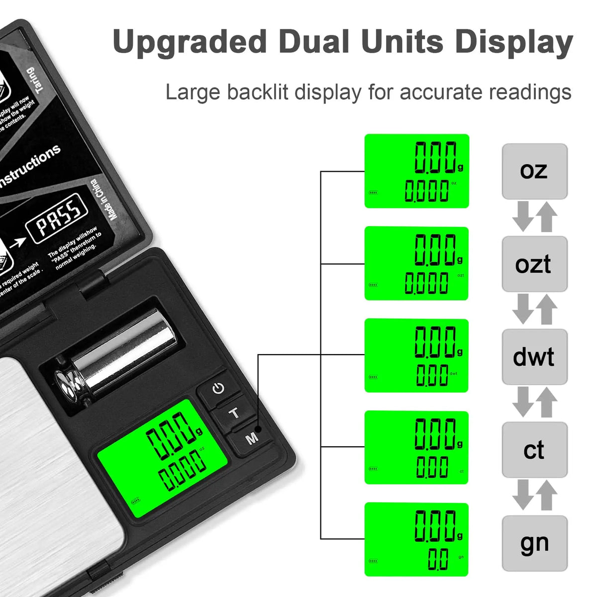 A precision digital scale showing various measurements like oz, ozt, dwt, ct, and gn on a green display.