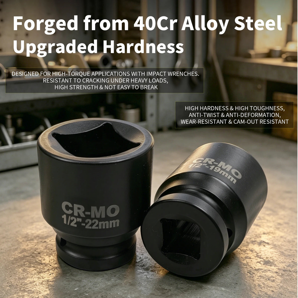 A black CR-MO 1/2"-22mm impact socket adapter is shown on a metal surface.