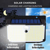 Lámpara de pared para carga solar con panel, iluminando una luz blanca brillante. Indica 8-12 horas de duración.
