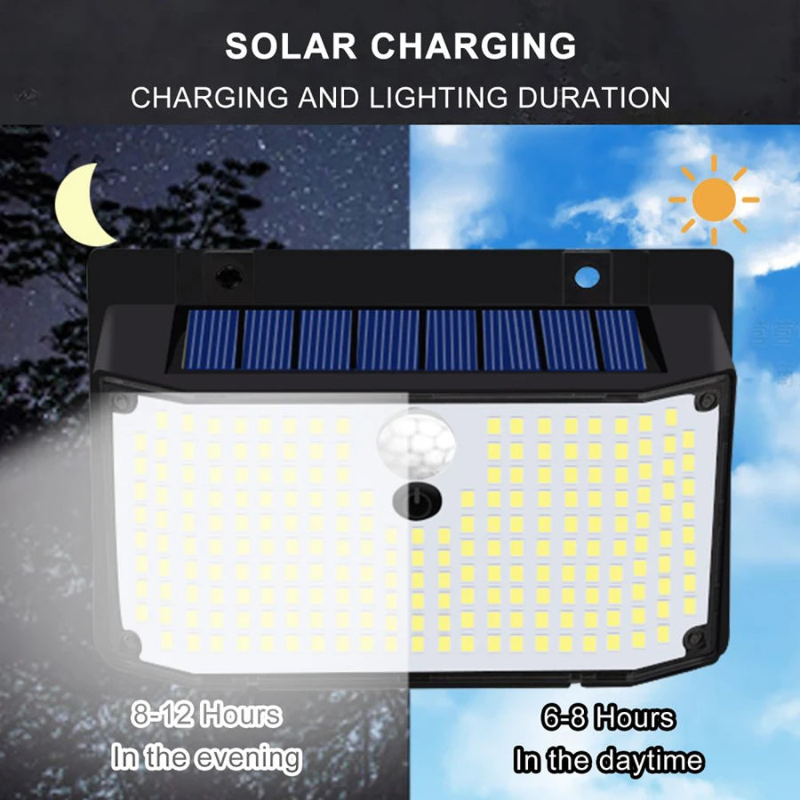 Lámpara de pared para carga solar con panel, iluminando una luz blanca brillante. Indica 8-12 horas de duración.