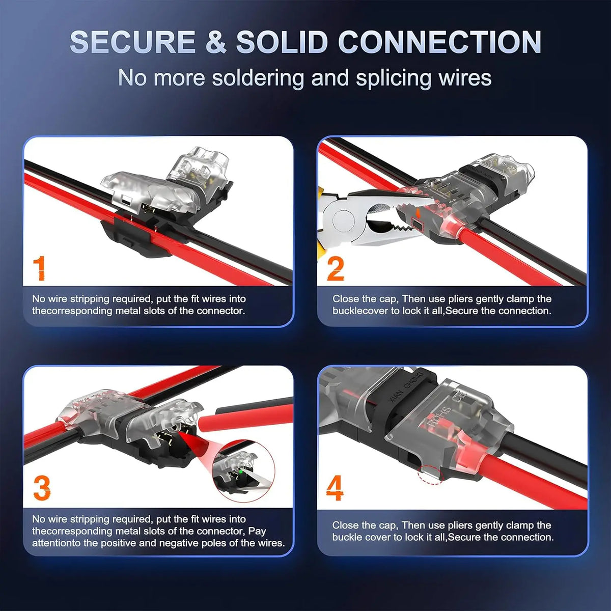 Diagram showing the process of securing a T-Tap wire connector using pliers and a buckle cover for solderless wiring.
