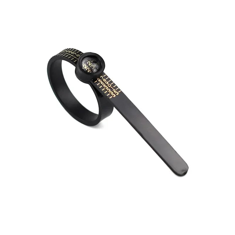 A black precision ring sizer with a magnifier is shown on a white background.