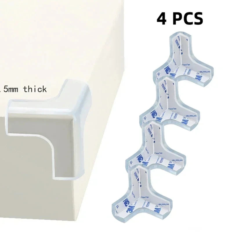 Four transparent PVC baby safety edge guards with a 5mm thickness shown next to a white surface.