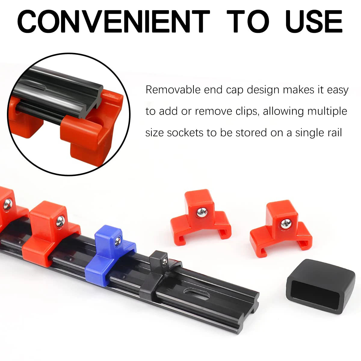 A black socket organizer rail with red and blue clips and a removable end cap, shown alongside individual clips.