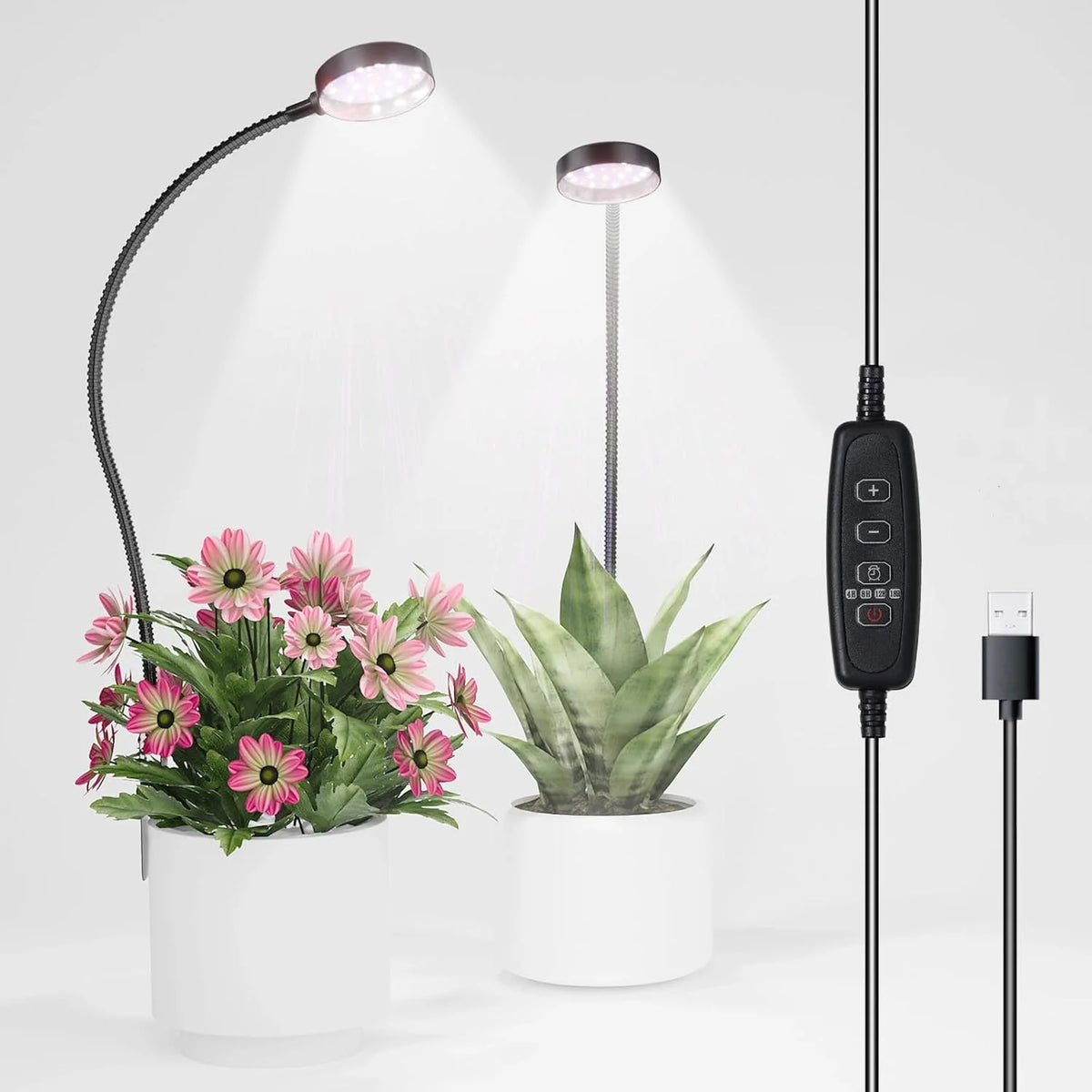 A modern adjustable USB LED grow light fixture with a flexible neck and a tall stand, illuminating a potted plant.